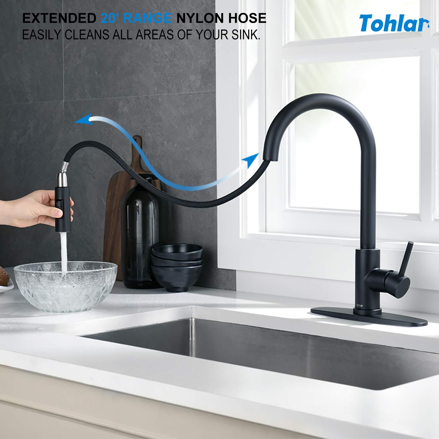 Tohlar Black Kitchen Faucets with Pull-Down Sprayer Single Handle Kitchen Faucet  Modern Stainless Steel Kitchen Sink Faucet with Deck Plate